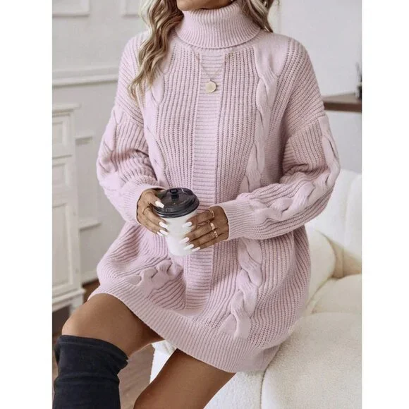 Casual Turtleneck Cable Knit Sweater Dress Baby Pink